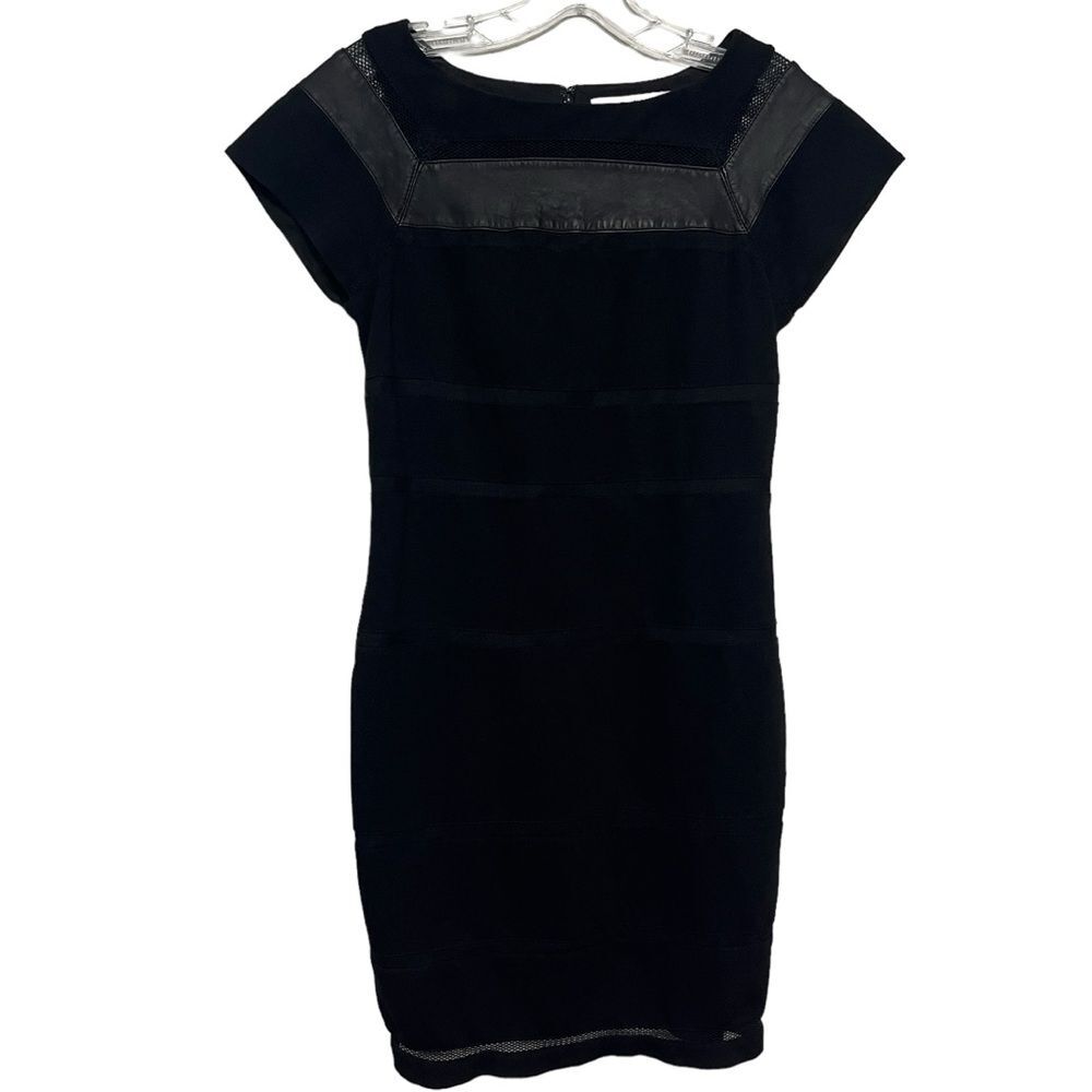 Diane Von Furstenberg DVF Black Novi Sheath Midi Stretchy Dress Leather Trim